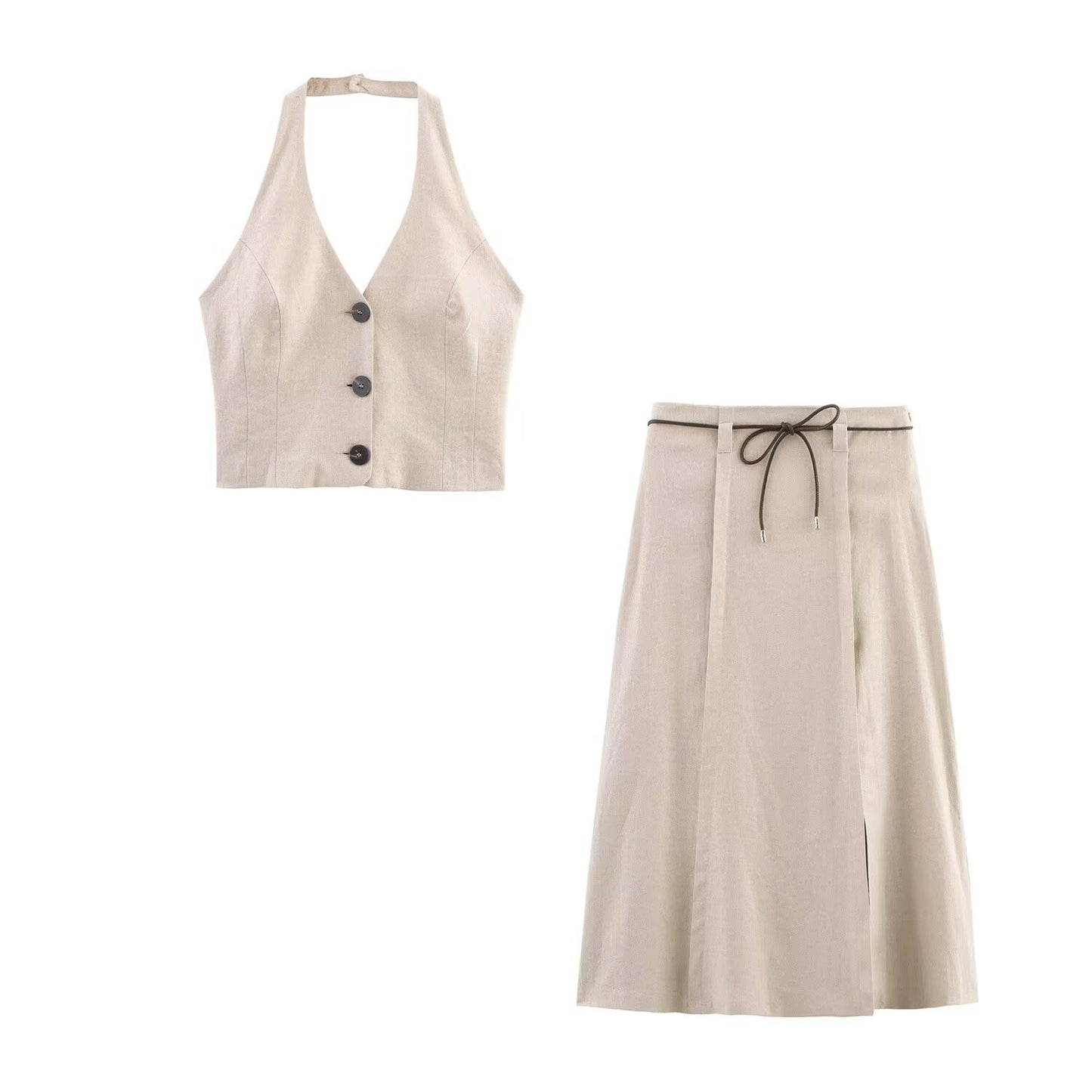 Women's new chic fashion single breasted linen blend hanging neck top retro sleeveless backless women's vest+Skirts Women's suit