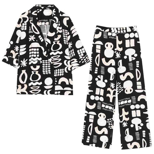 Ladies' new fashion double breasted printed suit jacket vintage short sleeved women's jacket chic top+Pants Women's suit