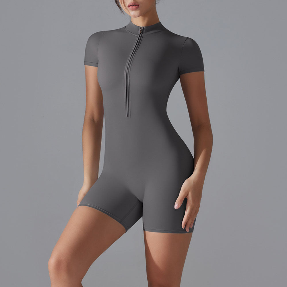 Women's Nude One-piece Yoga Clothes Stand Collar Half-open Zipper Short Sleeve Fitness Jumpsuit Tight Sports Jumpsuit