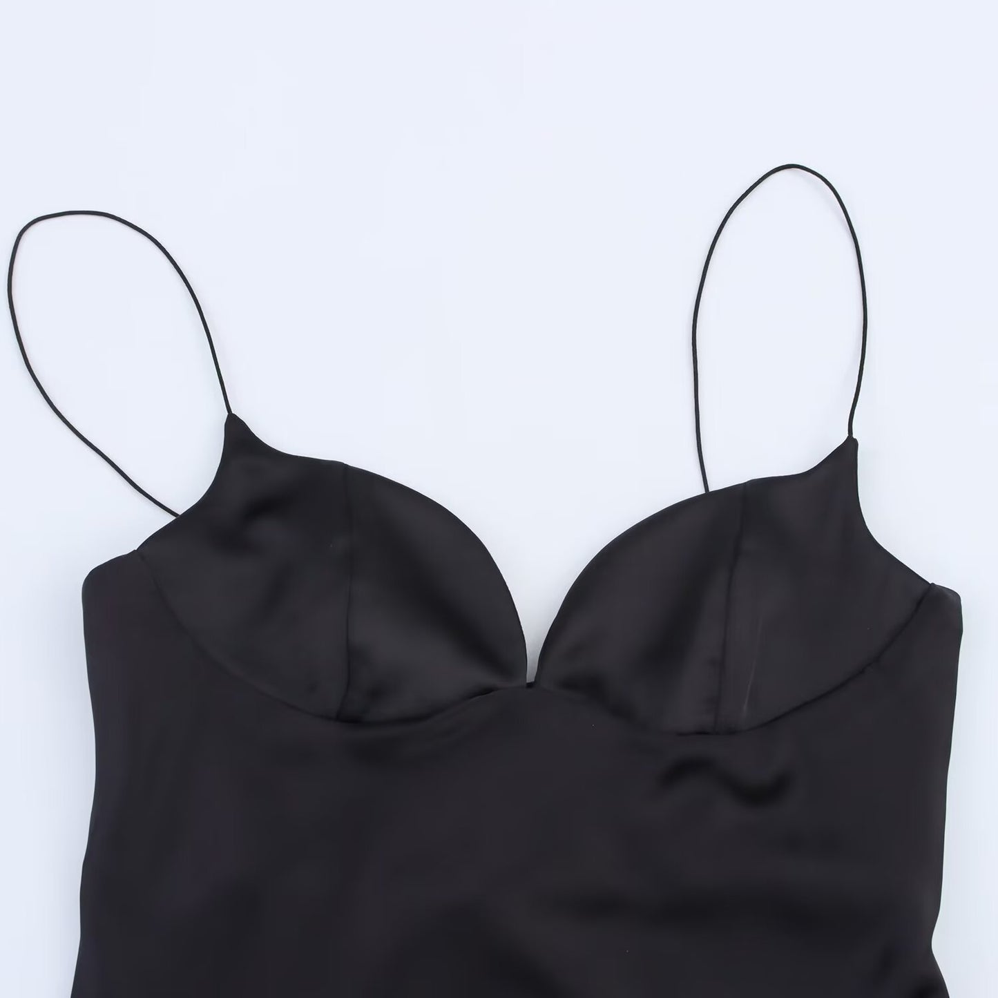 Ladies' new fashion black slim backless satin texture suspender MIDI dress