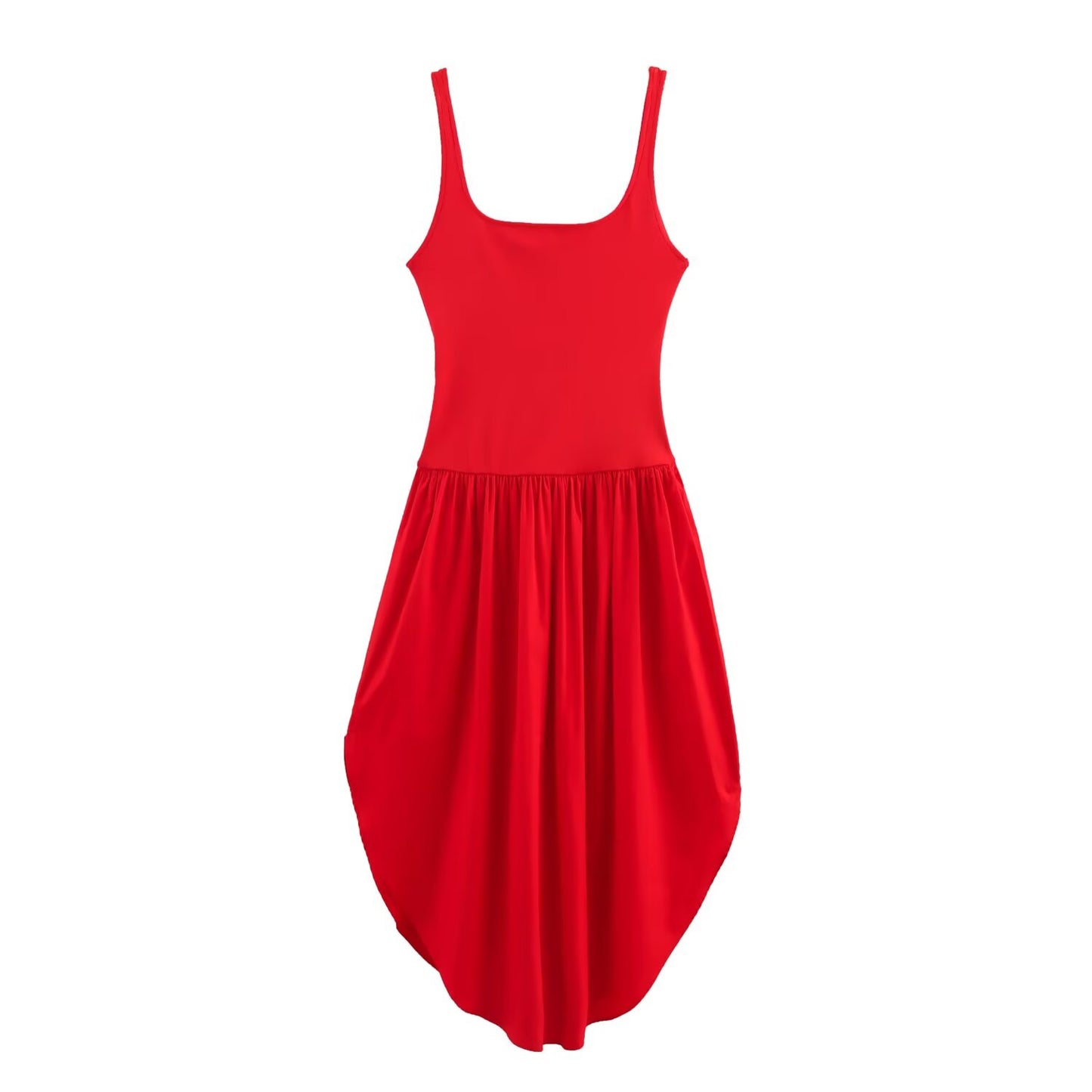 Women's new Fashion wide pleated hem slim backless patchwork MIDI dress retro sleeveless wide shoulder strap women's dress