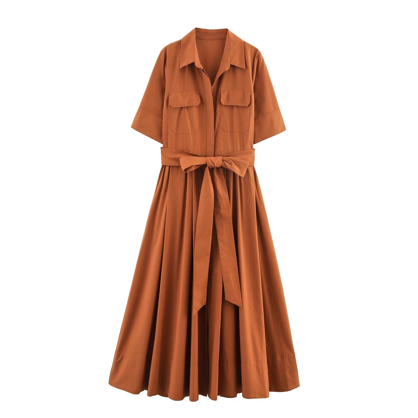 Women's new chic fashion With Belt Poplin shirt style MIDI dress retro short sleeved button up women's dress