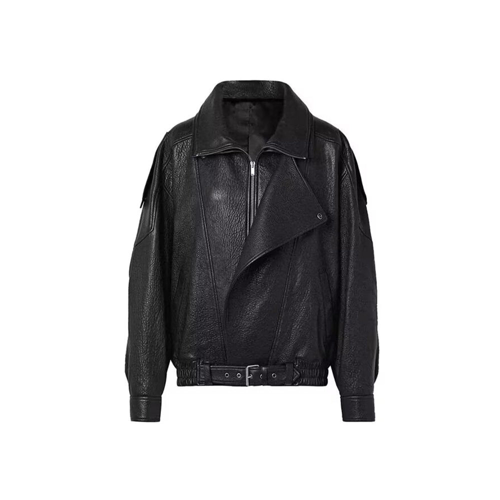 Women's with Belt loose zipper imitation leather jacket Coat