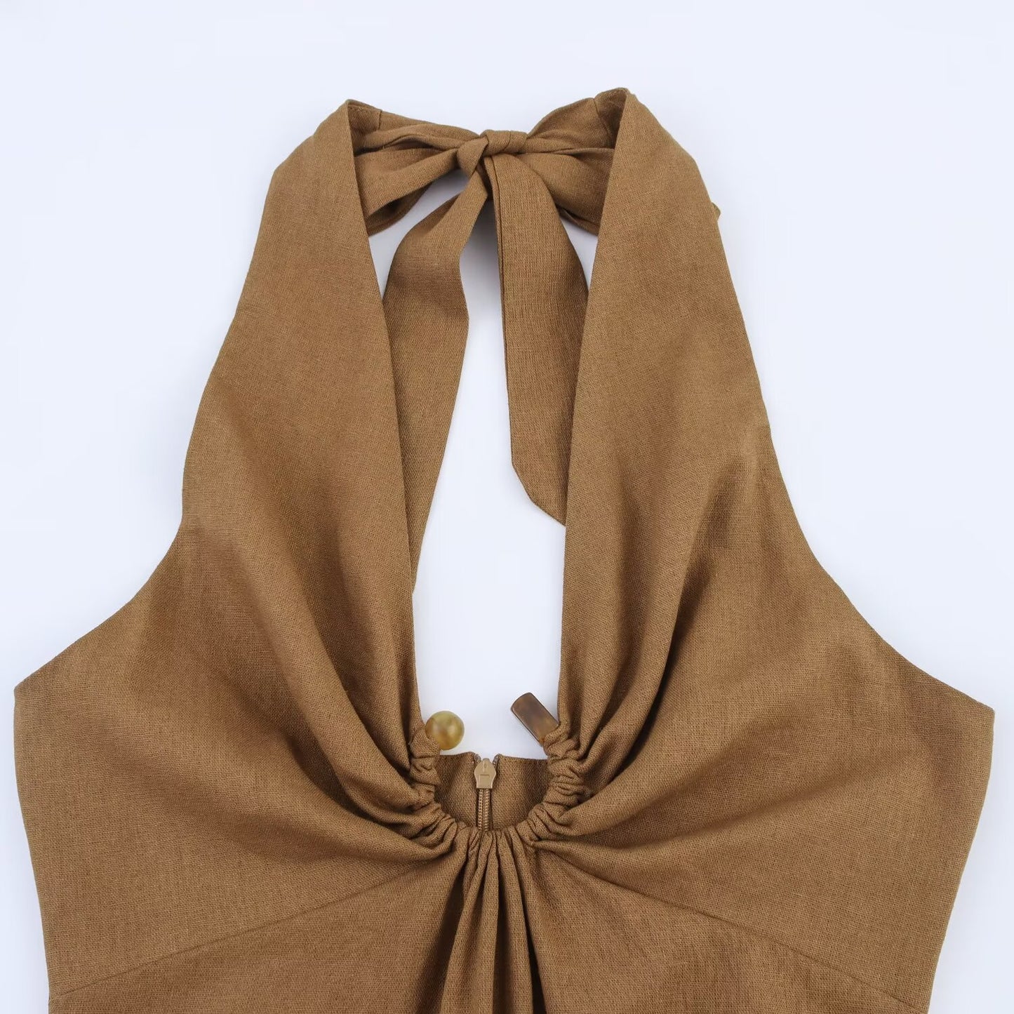 Women's' New Fashion Split design slim linen blend hanging neck MIDI dress