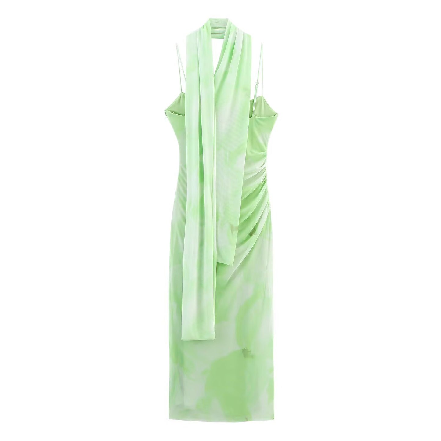 Women's' New Fashion scarf decoration Tight tulle Printed suspended Midi dress