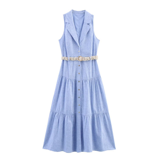 Women's' New Fashion With Belt Slim Single breasted Linen Blended Midi Dress