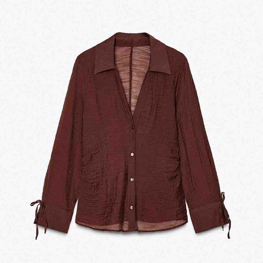 Women's new fashion wrinkle effect slim single breasted long sleeved shirt