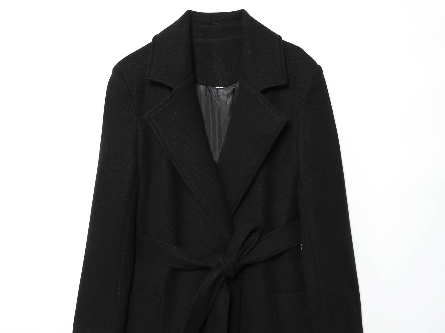 Women's New Fashion With Belt Black Long Style Wool Blended Woolen Coat