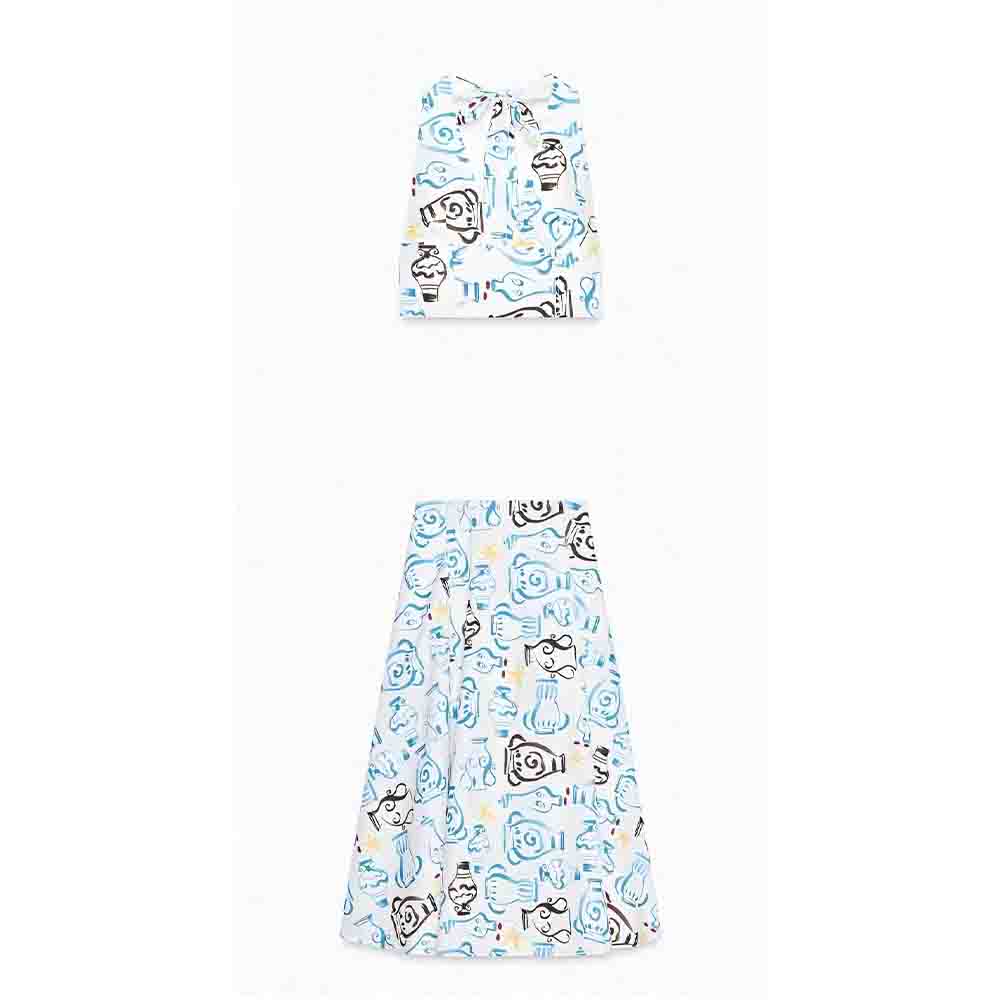 Women's new fashion printed poplin hanging neck collar top+Skirts Women's suit