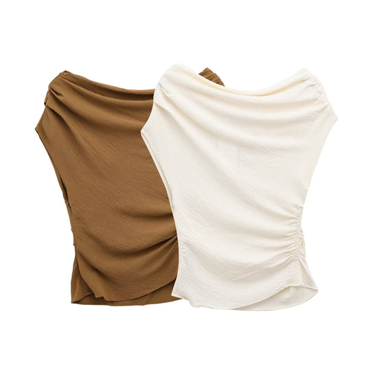 Women's new fashion asymmetrical design casual sloping shoulder Pleated top