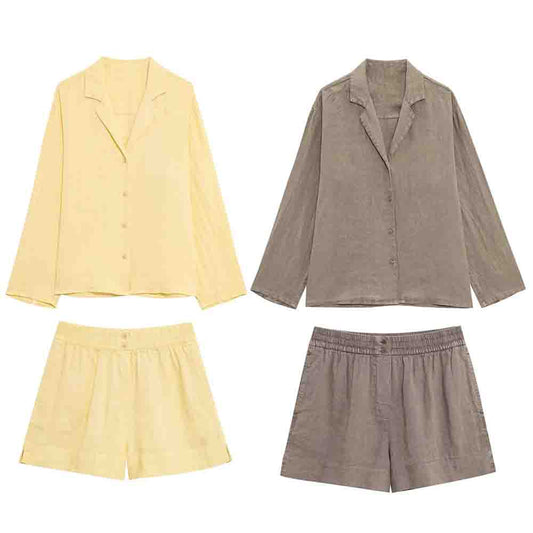 Women's new fashion casual Button-up shirt long sleeved linen blend shirt+Shorts Women's suit