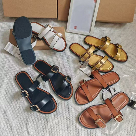 Women's New Fashion Casual Joker Double Flat Sandals Wearing Sandals Slippers.