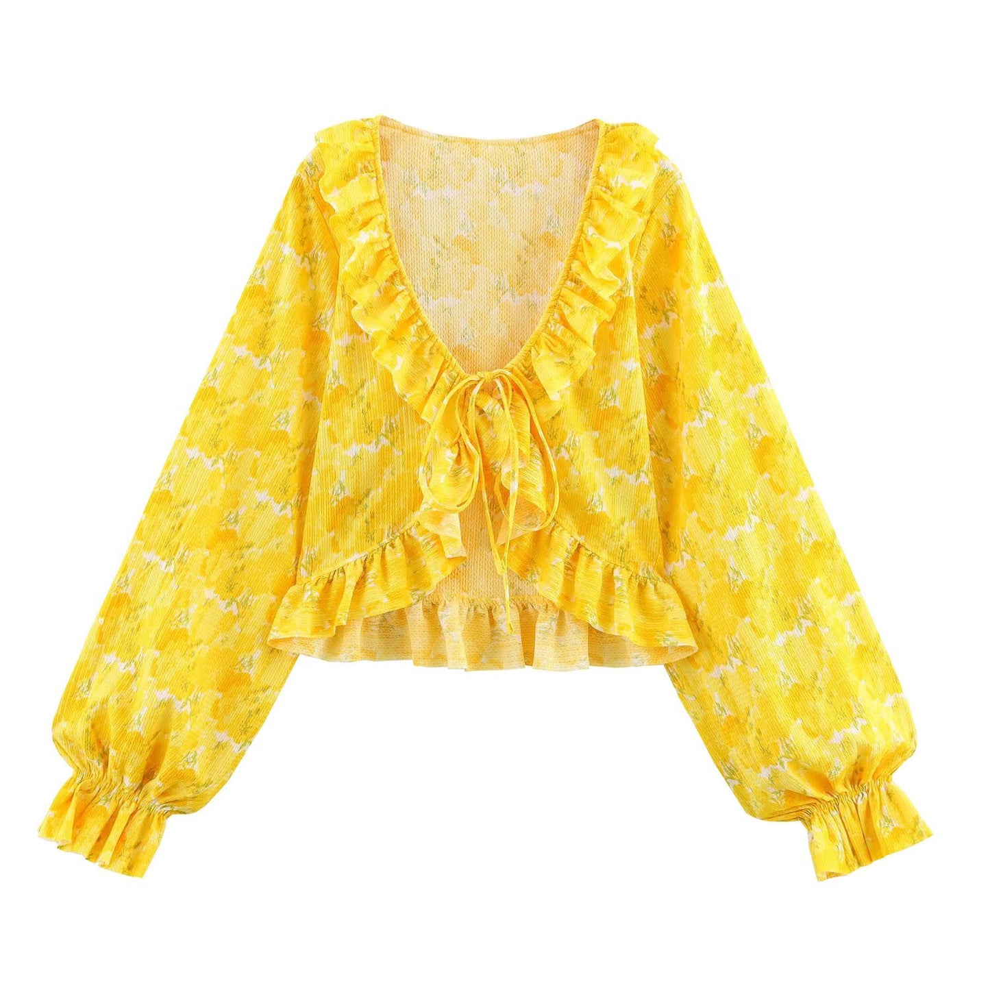 Women's new fashion layered decorative print V-neck top retro long sleeved women's shirt chic top