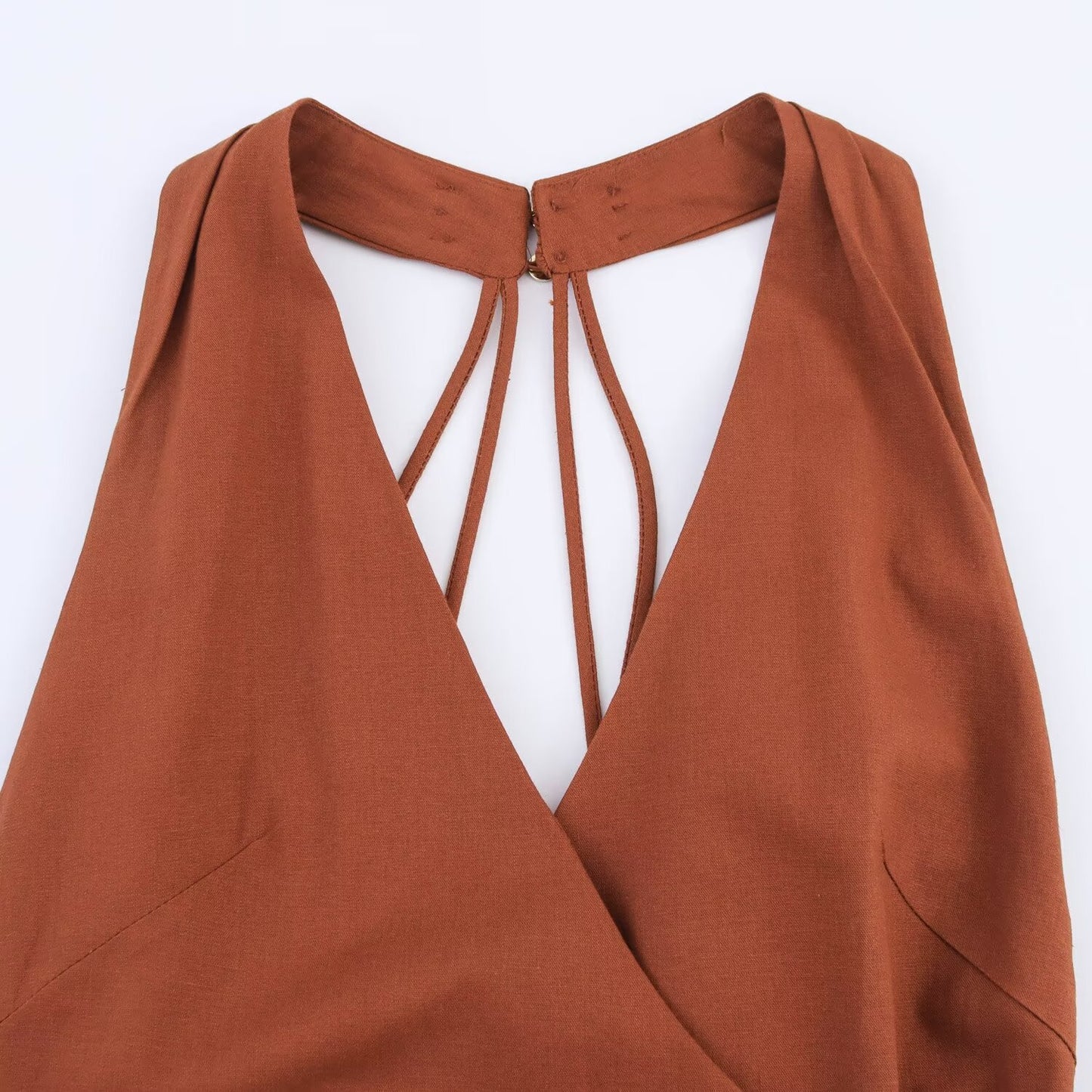 Women's 2025 new Fashion linen blend hanging neck Midi dress retro sleeveless women's dress