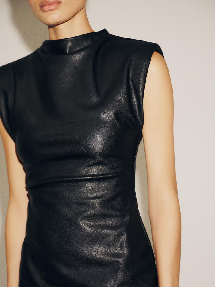 Women's new fashion with shoulder pads black faux leather mini dress