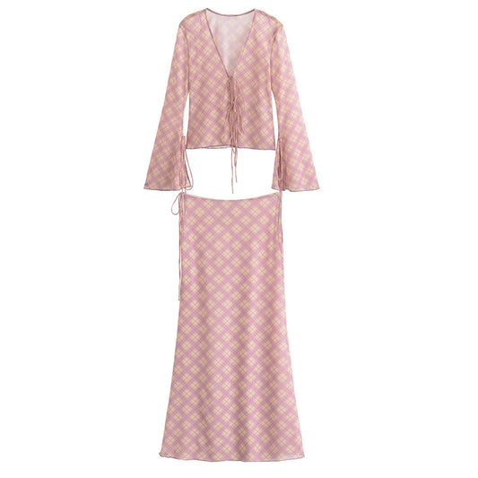 Women's new Fashion bow Lace up decoration V-neck mesh printed top+Skirts Women's suit