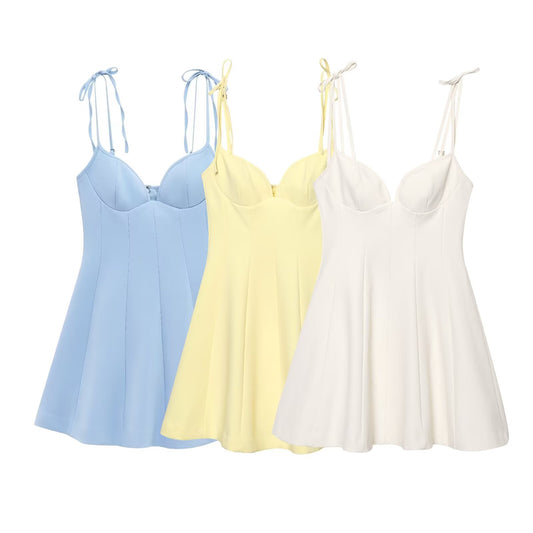 Women's new fashion bow shoulder strap sleeveless backless wide swing mini dress