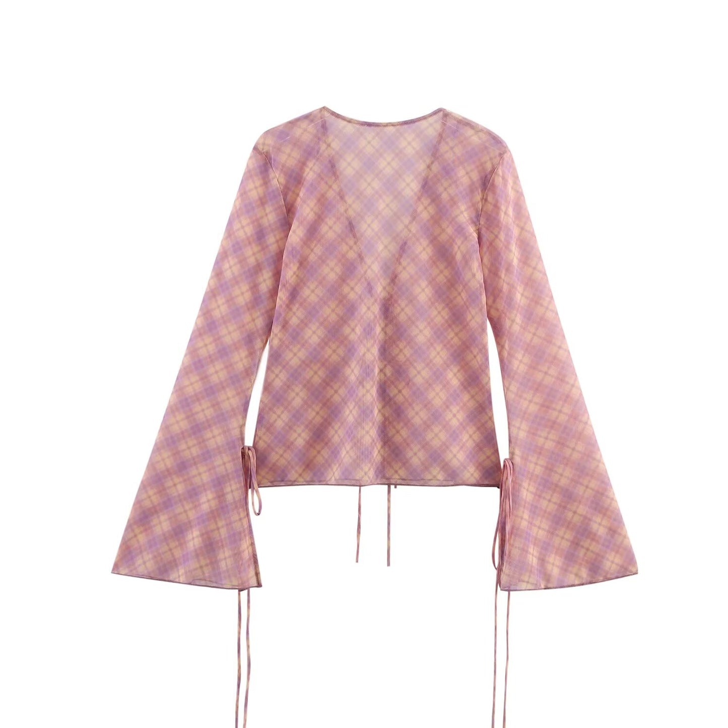 Women's new fashion bow Lace up decoration slim tulle plaid shirt retro V-neck long sleeved women's shirt chic top+Skirts Women's suit