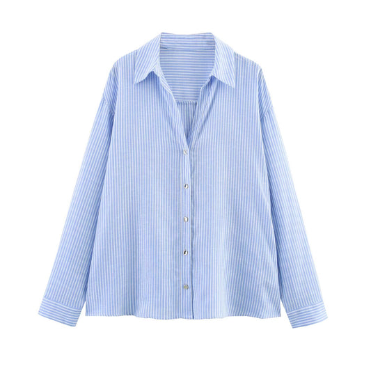 Women's new fashion casual single breasted linen blended striped shirt