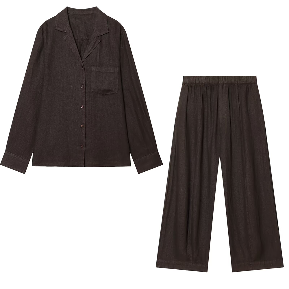 suit Women's 2 pieces pocket decoration linen blend shirt+Pants