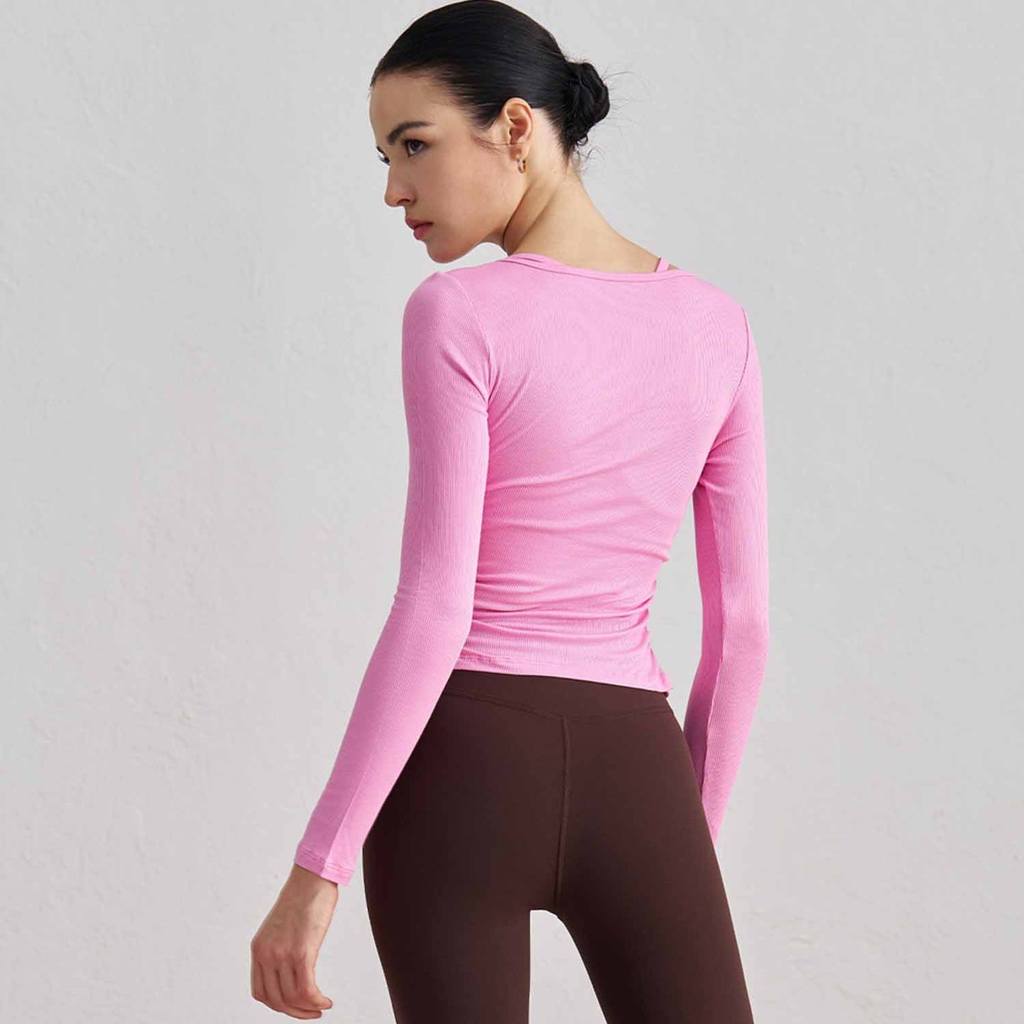 Women's New Ribbed Nude Yoga Clothes Pleated Slim Round Tie Finger Sleeve Fitness Long Sleeve Top