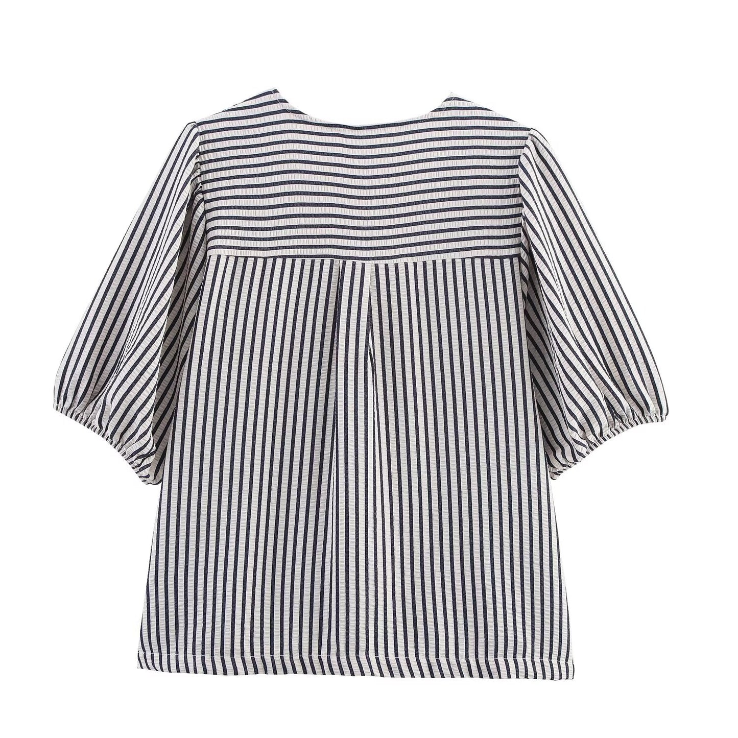 Women's new fashion bow decoration short sleeved V-neck striped top