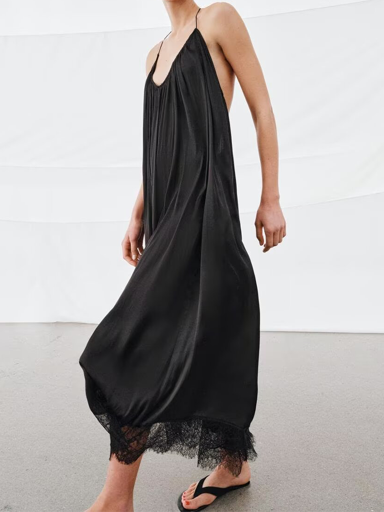 Women's satin textured hanging neck collar dress