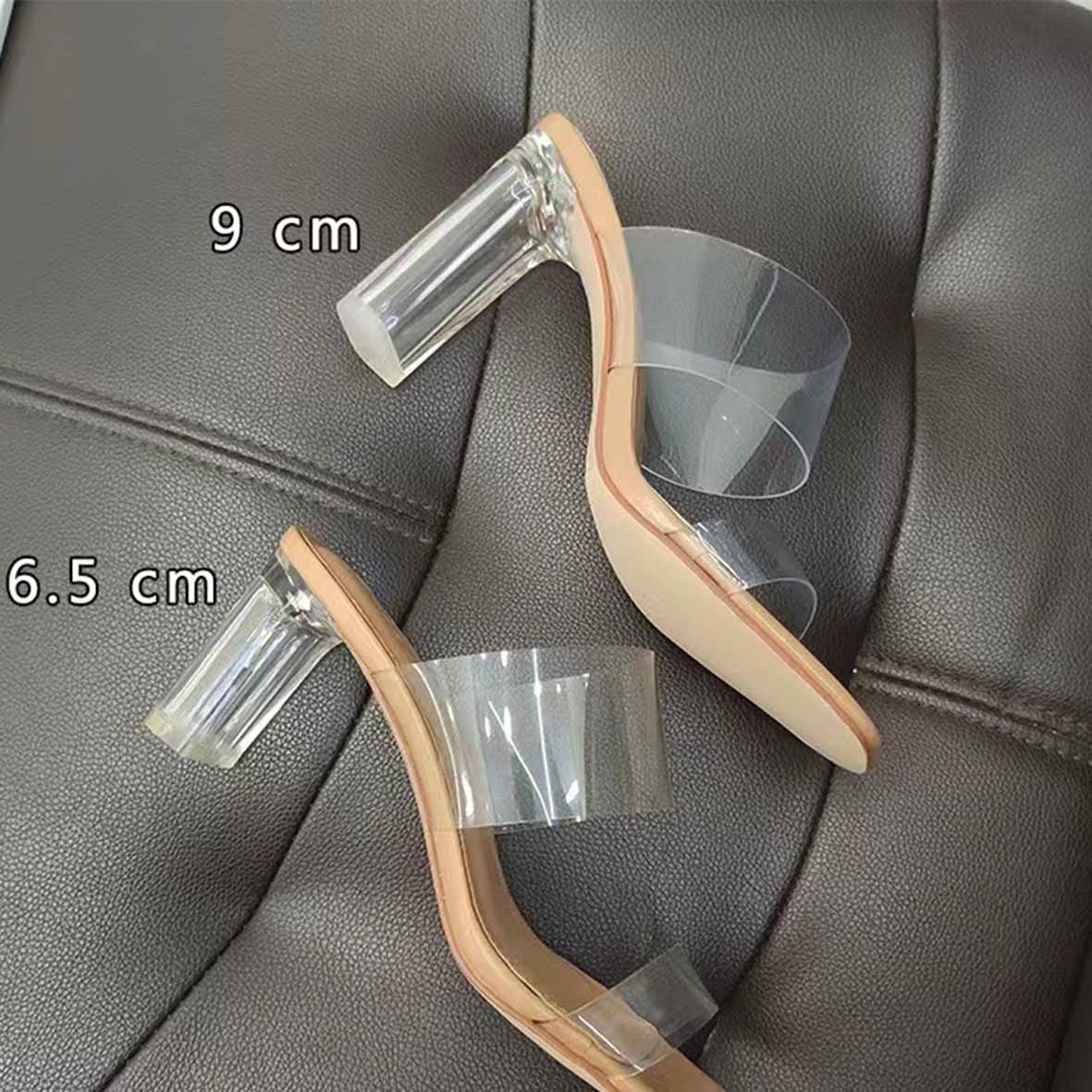 Women's New Fashion Natural Color Thick High Heels with PVC Transparent Crystal and Sexy Sandals.