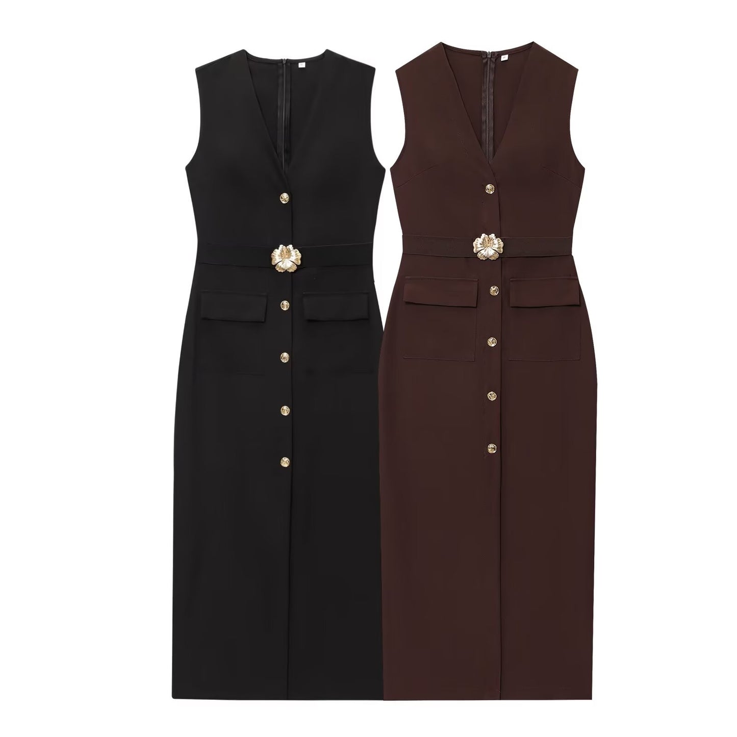 Women's New Fashion With Belt Sleeveless V-neck Midi Dress