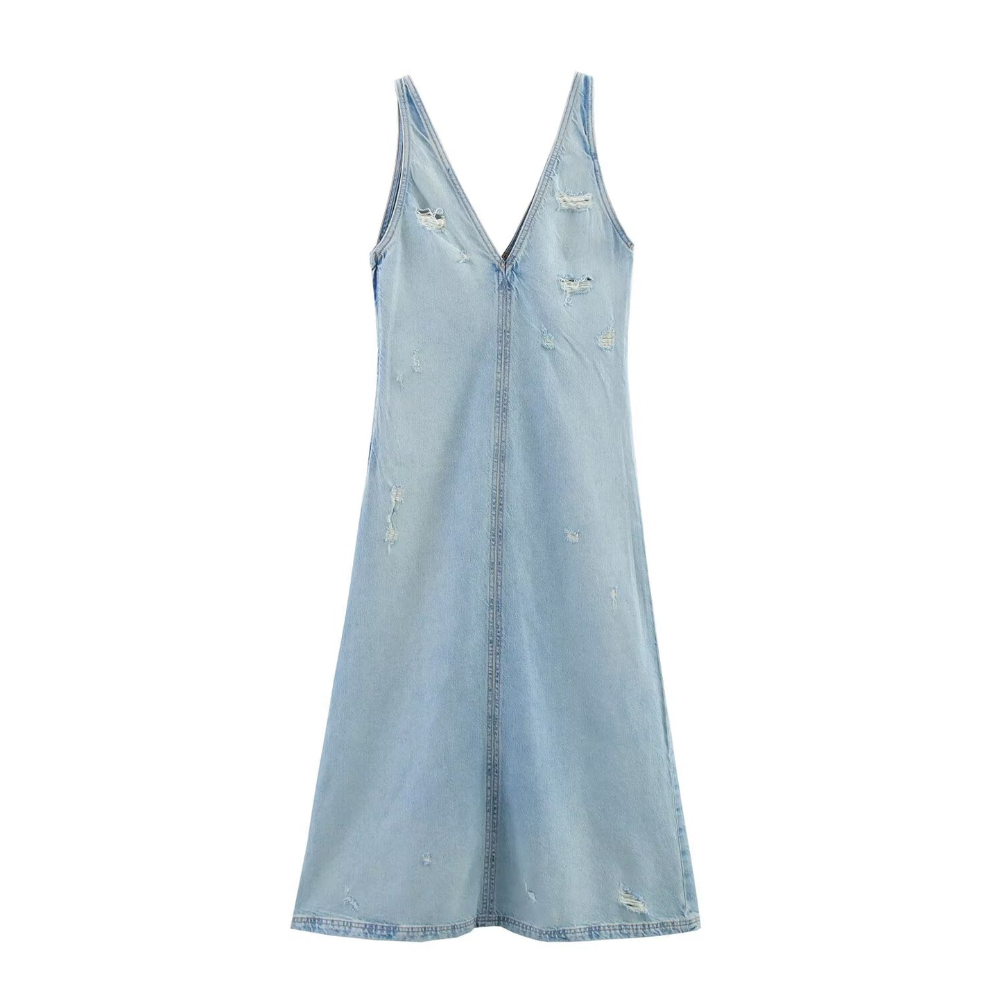 Women's new fashion hole decoration sleeveless V-neck denim Midi dress