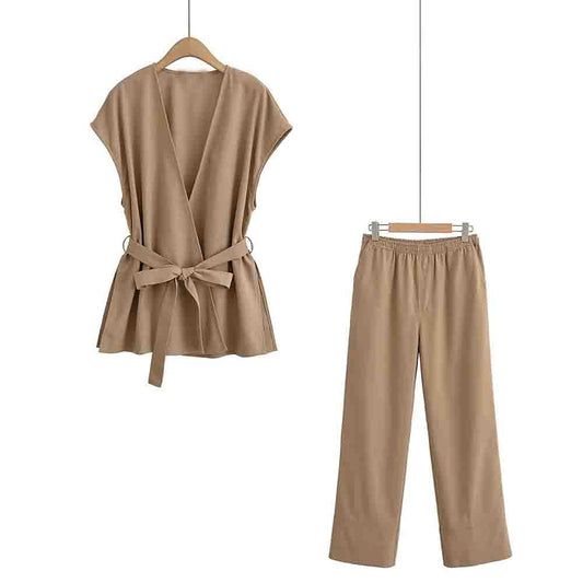 suit Women's 2 pieces New Fashion with Belt sleeveless V-neck vest + Pants sui