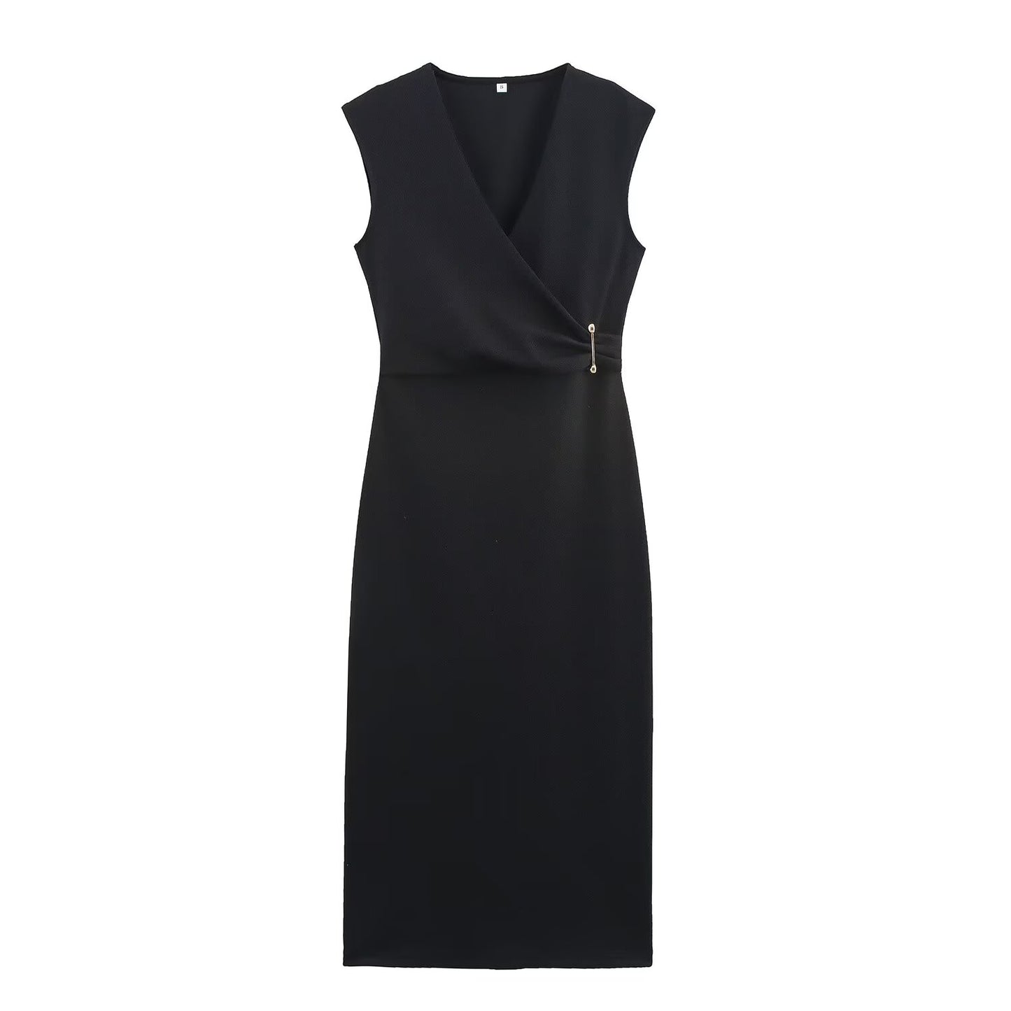 Women's new fashion pleated pin decoration slim V-neck sleeveless MIDI dress