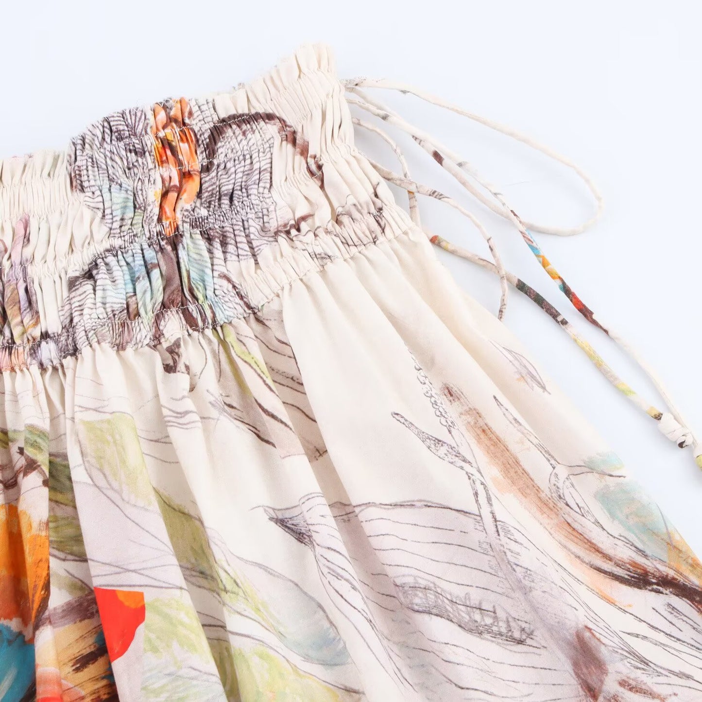 Women's new fashion elastic waist drawstring printed pleated MIDI skirt