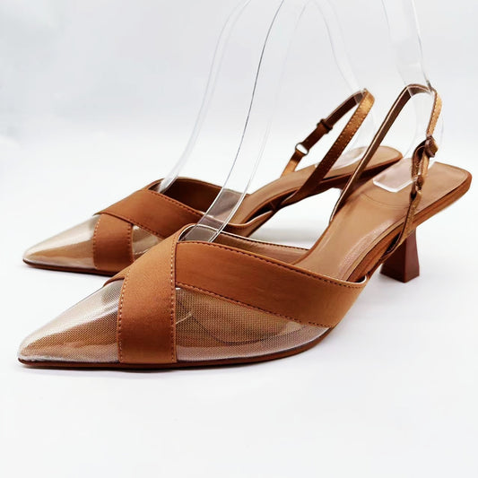 Women's New Fashion Joker Pointed Temperament Cross Mesh Stiletto Heels Elastic Back Strap Women's Sandals.