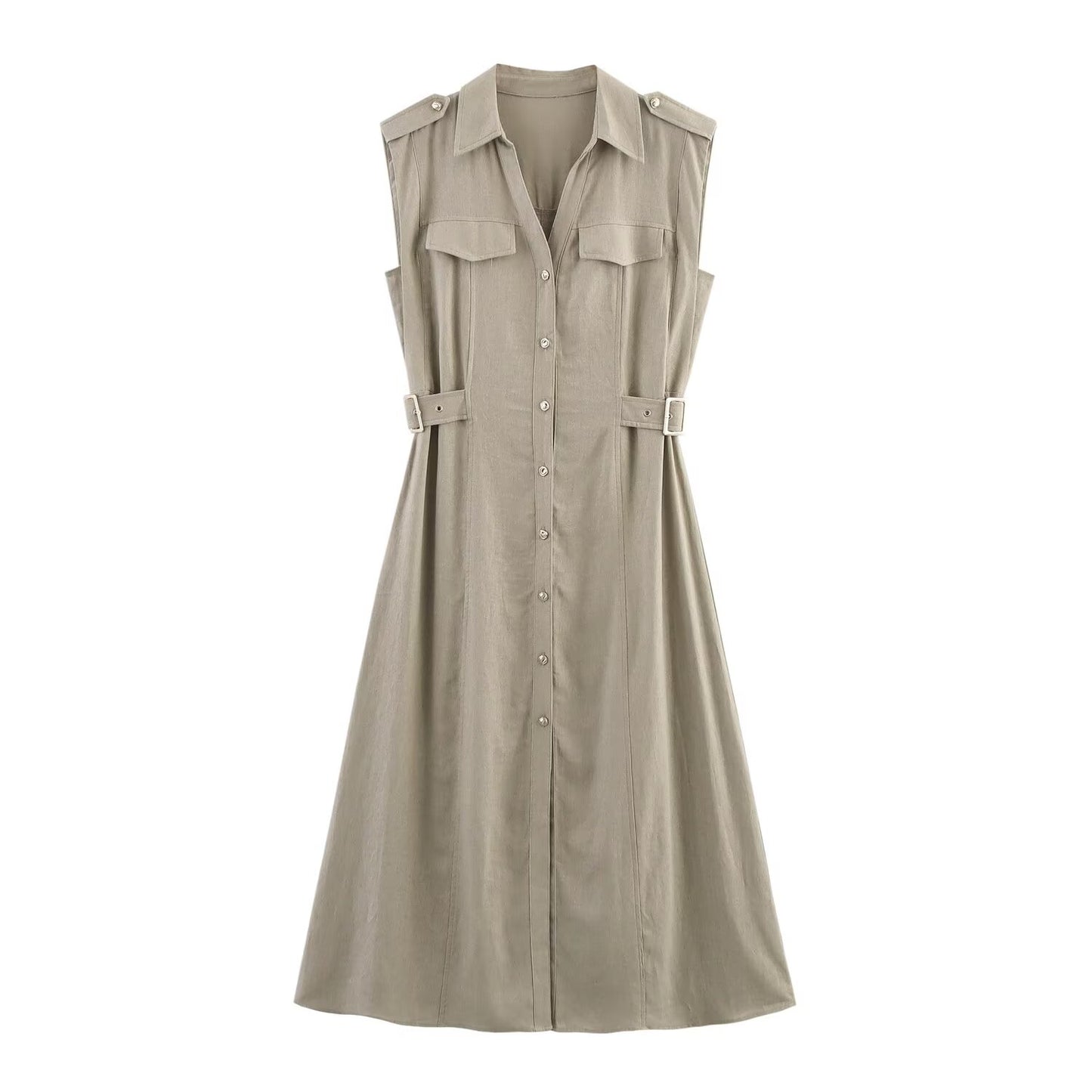 Women's new chic fashion flip decoration casual single breasted linen blended MIDI dress retro sleeveless women's dress