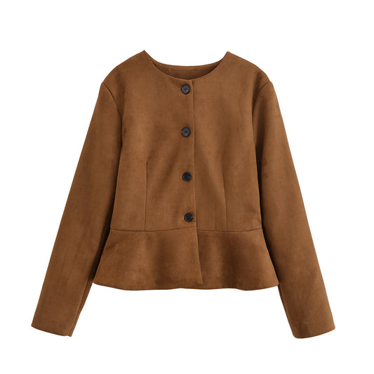 Women's autumn fashion short O-Neck suede jacket Coat