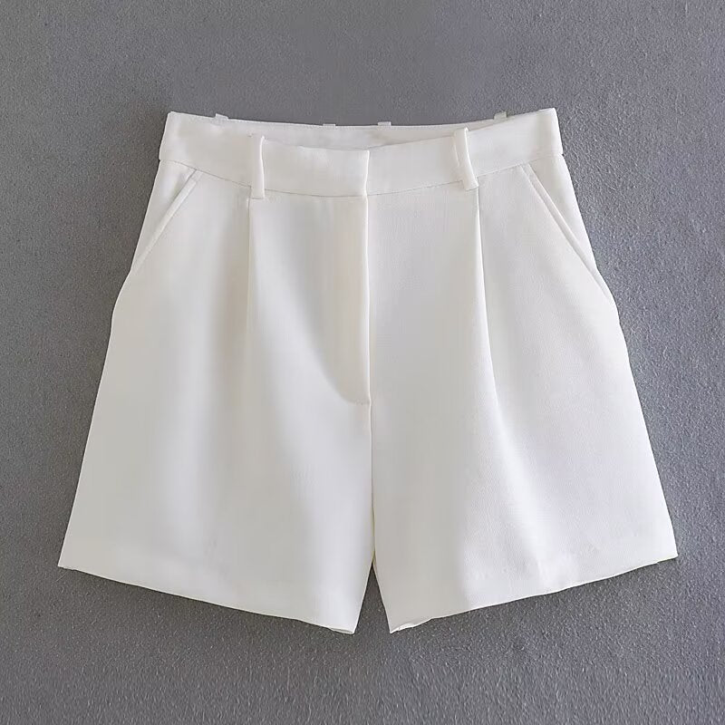 Ladies' new fashion pleated design casual side pocket high waisted shorts