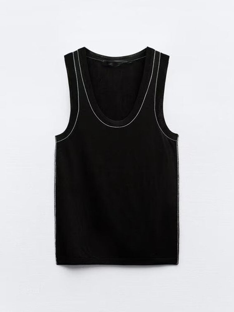 Women's 2025 chic and stylish contrast-trimmed plain needle sleeveless top vest