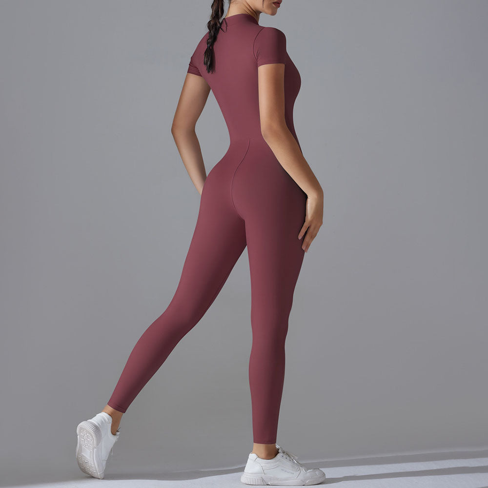 Women's New Nude Zipper Short-sleeved Yoga Clothes Quick-drying Breathable Outdoor Sports Tights Fitness Clothes