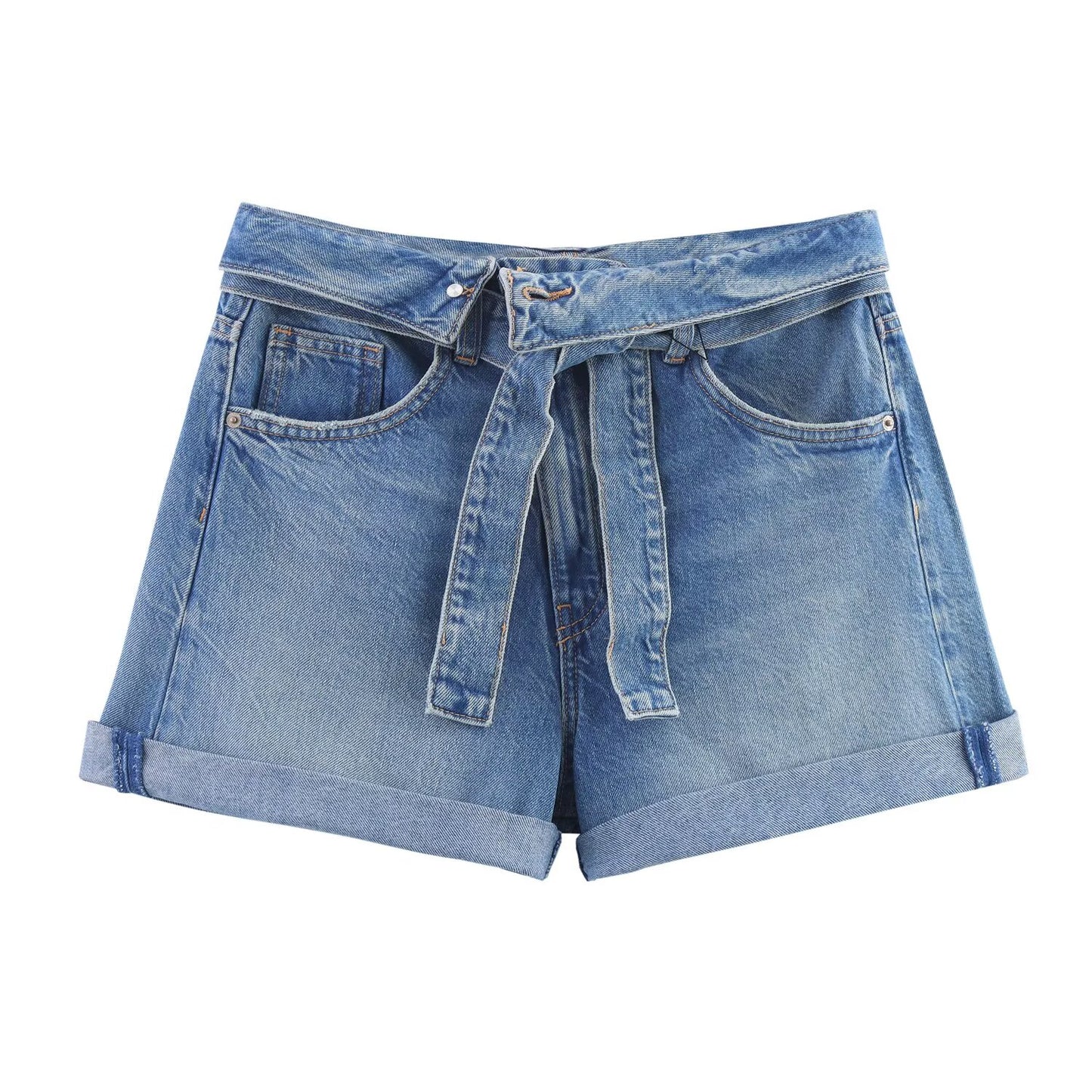 Women's New Fashion With Belt Casual Side Pocket High Waist Denim Shorts