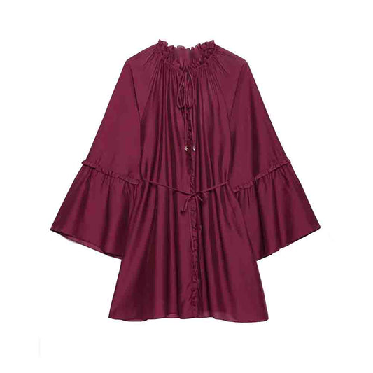 Women's new fashion bow Lace up decoration loose trumpet long sleeved mini dress