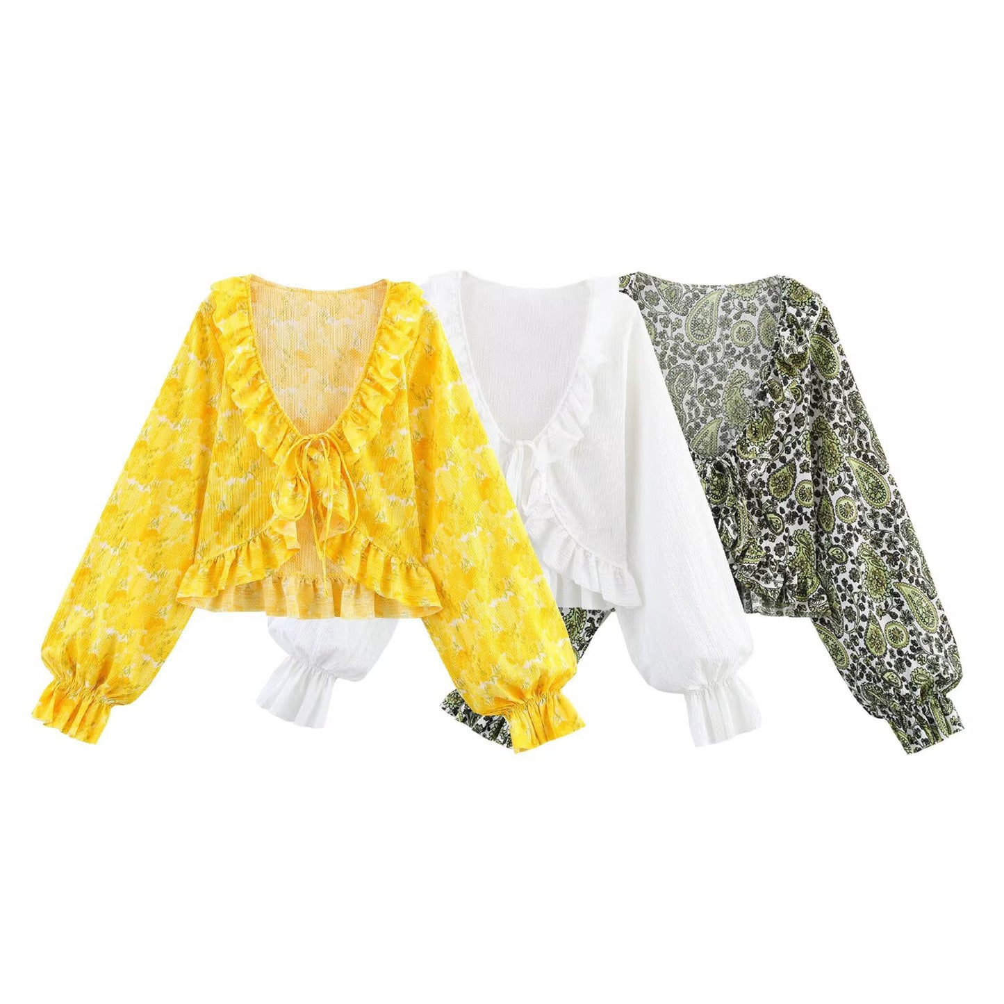 Women's new fashion layered decorative print V-neck top retro long sleeved women's shirt chic top