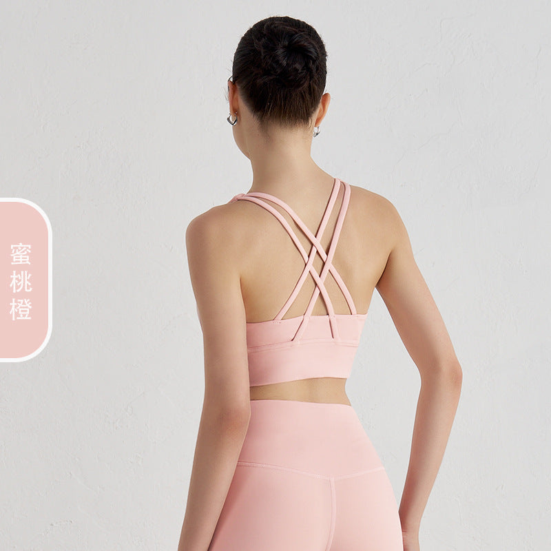 Women's new double-sided sanding cross back sports bra shockproof gathered yoga bra fitness vest