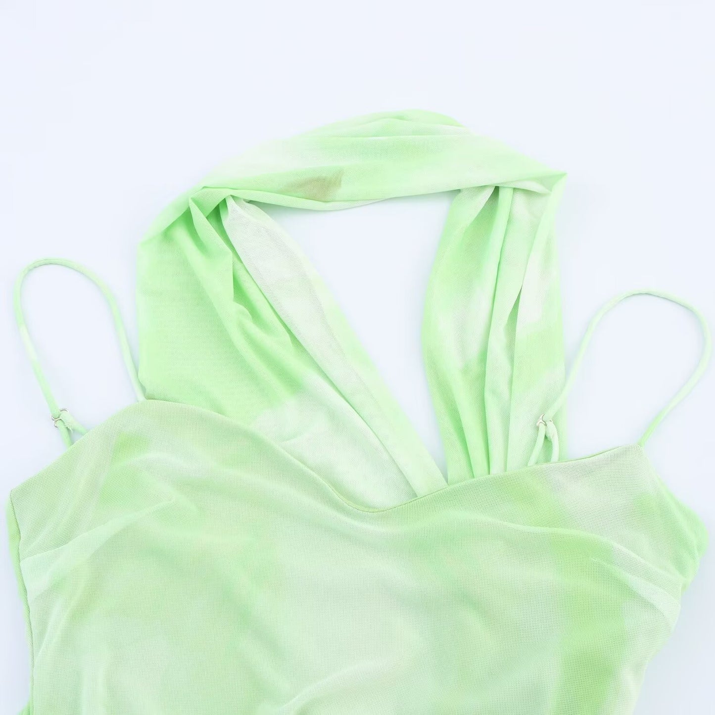 Women's' New Fashion scarf decoration Tight tulle Printed suspended Midi dress