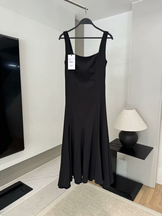 Women's 2025 chic fashion wide shoulder strap square neck midi dress retro women's dress