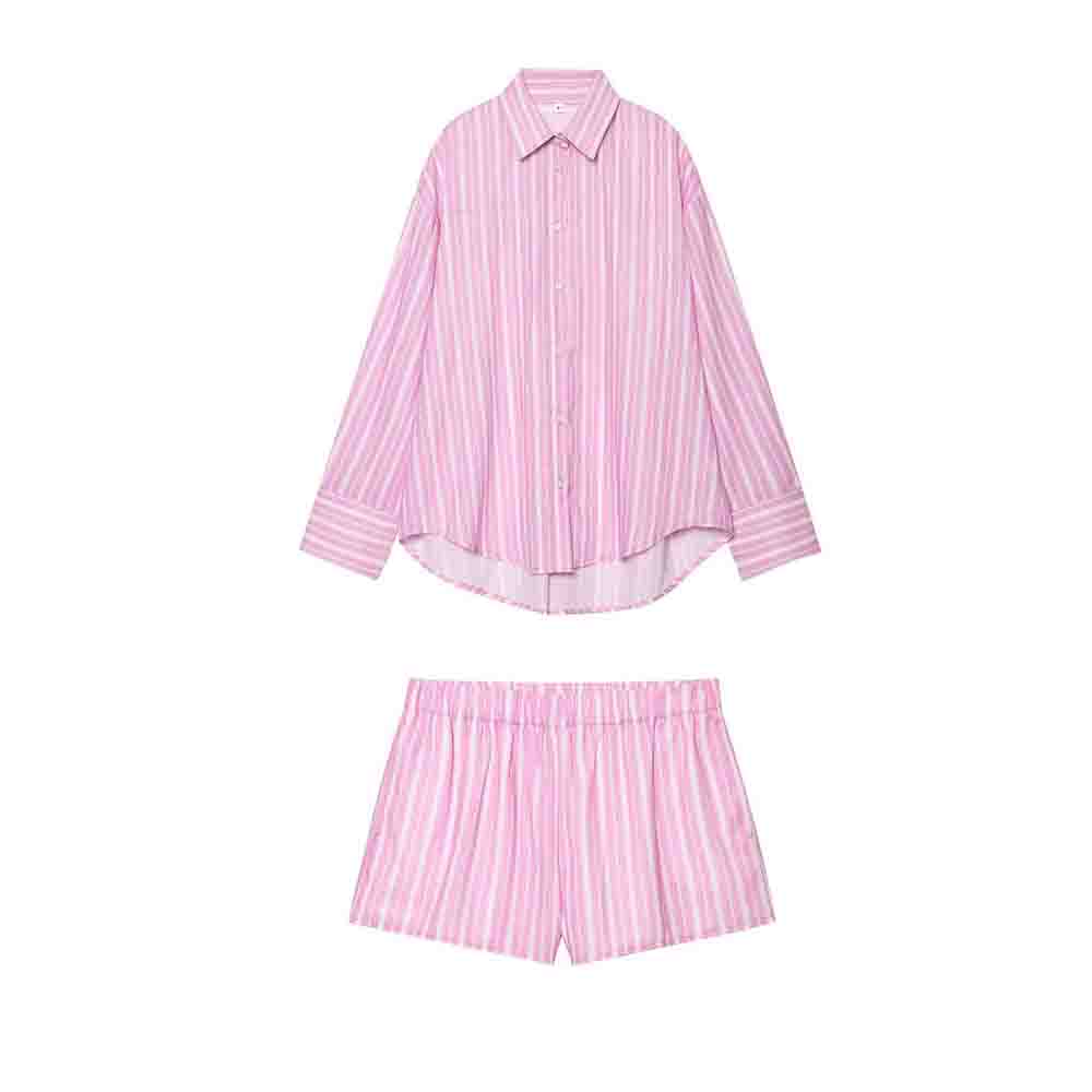 Women's new fashion loose single breasted long sleeved striped shirt+Shorts Women's suit
