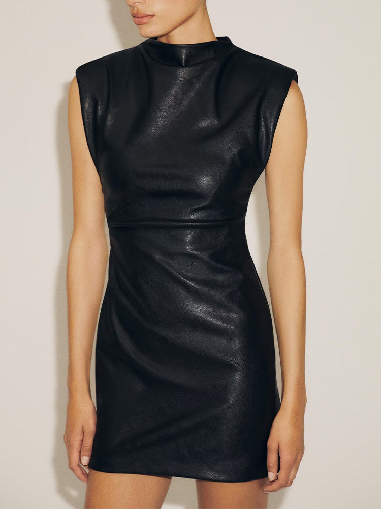 Women's new fashion with shoulder pads black faux leather mini dress