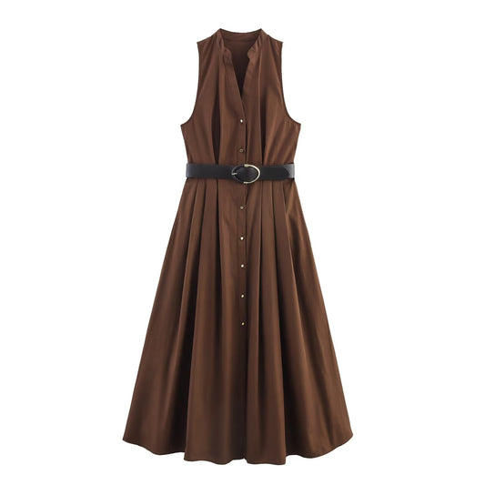 Women's new chic fashion With belt casual single breasted poplin MIDI dress retro sleeveless side pocket women's dress