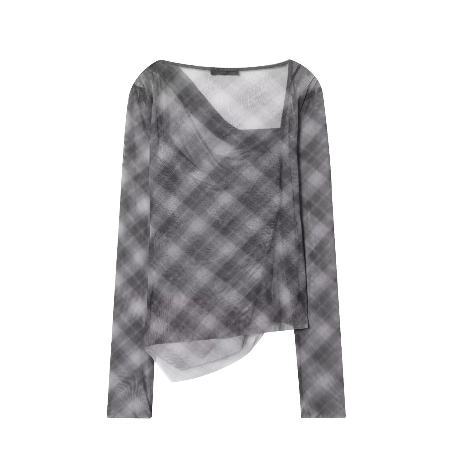 Women's new fashion pleated design slim plaid tulle T-shirt