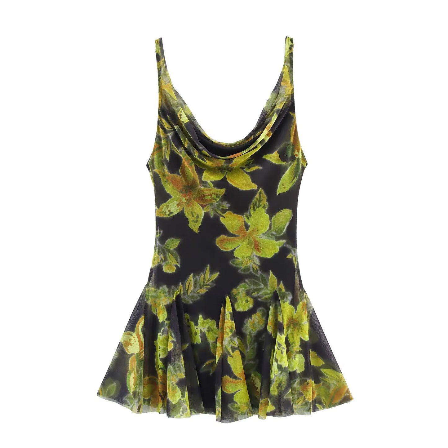 Women's 2025 new Fashion printed tulle suspender mini dress retro sleeveless women's dress